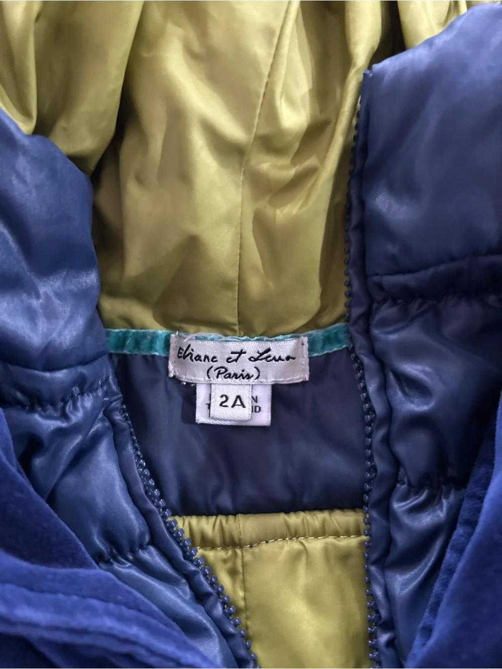 Eliane et Lena Girls Velvet Puffer Coat 2A Blue Hooded Paris Chic Jacket